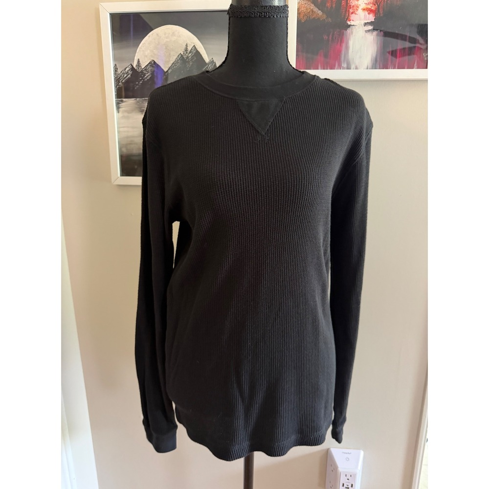 George Mens Black Waffle Knit Thermal Long Sleeve Crewneck Shirt Size S 34-36